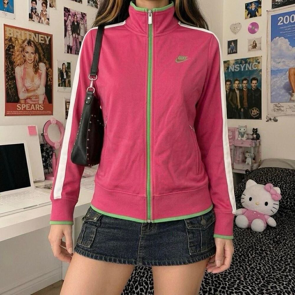 Y2K Nike Hot Pink Green Track Jacket Size Large Kids Athleisure Sporty